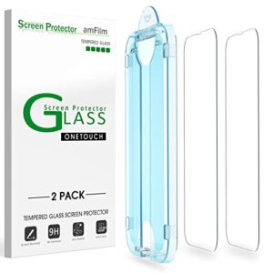 amFilm OneTouch Compatible with iPhone 14/iPhone 13/iPhone 13 Pro 6.1" Screen Protector Tempered Glass with Easy Installation Kit, Full Coverage Case Friendly (2 Pack)